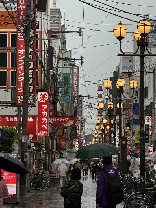 Shopping street with lamps in the rain