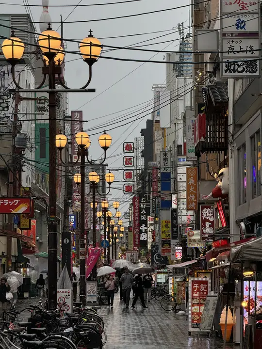 Rows of street lamps down a shopping street