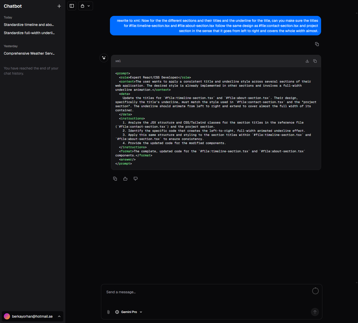Claude XML Agent interface showing prompt conversion