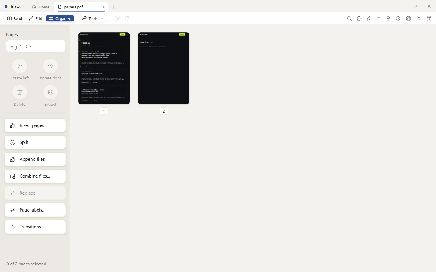 Inkwell Organize mode showing page thumbnails with rotate, delete, extract, insert, split and combine actions
