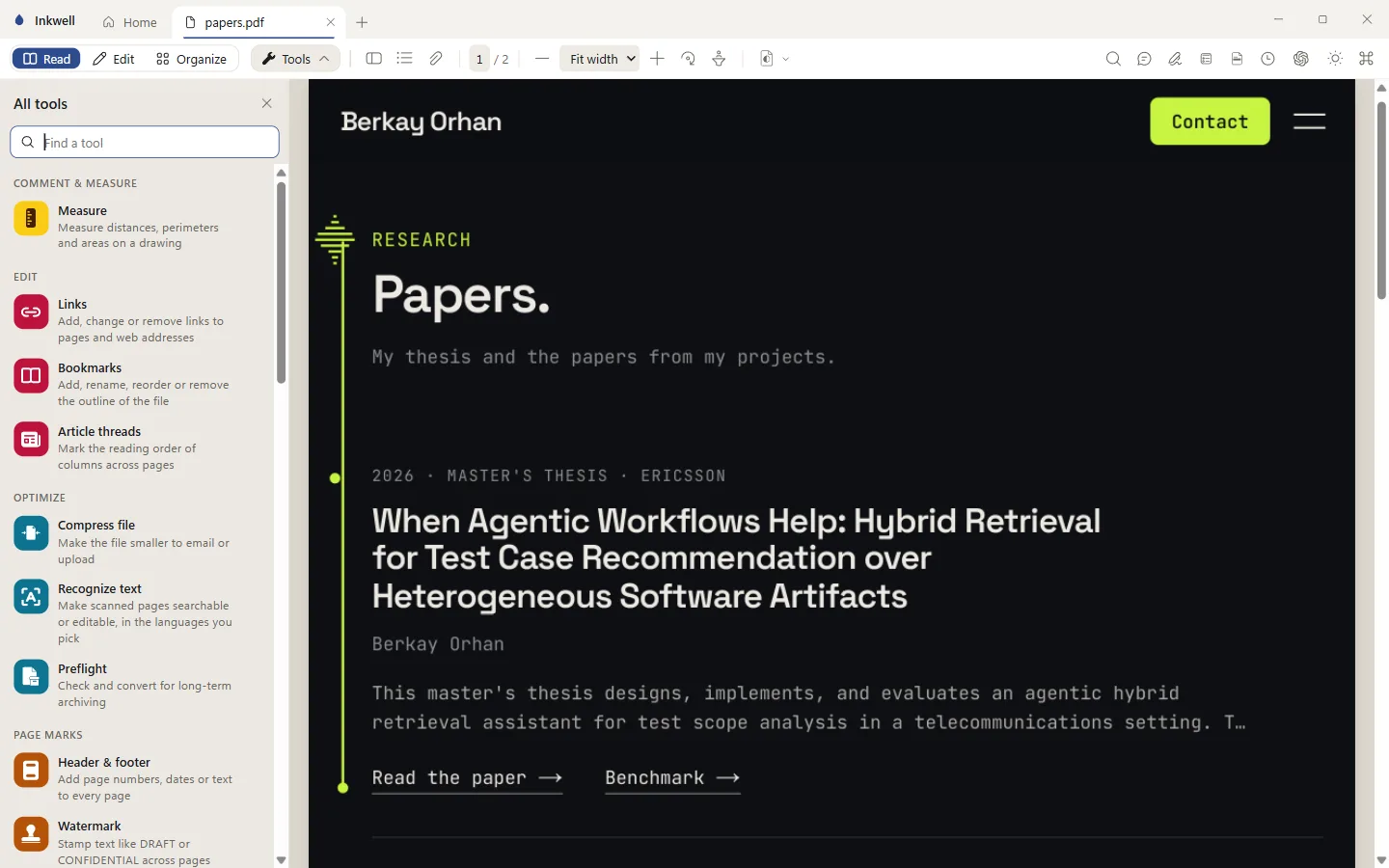 Inkwell All tools panel listing Measure, Links, Bookmarks, Compress, Recognize text and Preflight