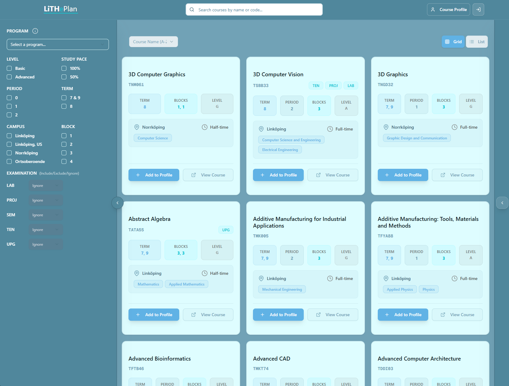 LiTHePlan course planning interface with interactive pinboard