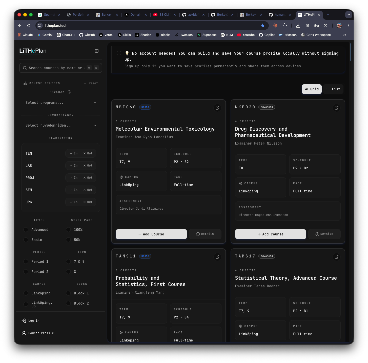 Course catalog with filter sidebar open