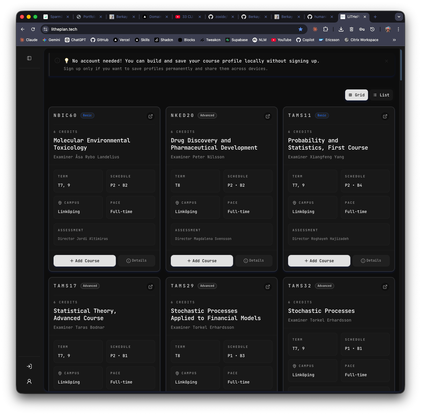 LiTHePlan course catalog grid view with course cards