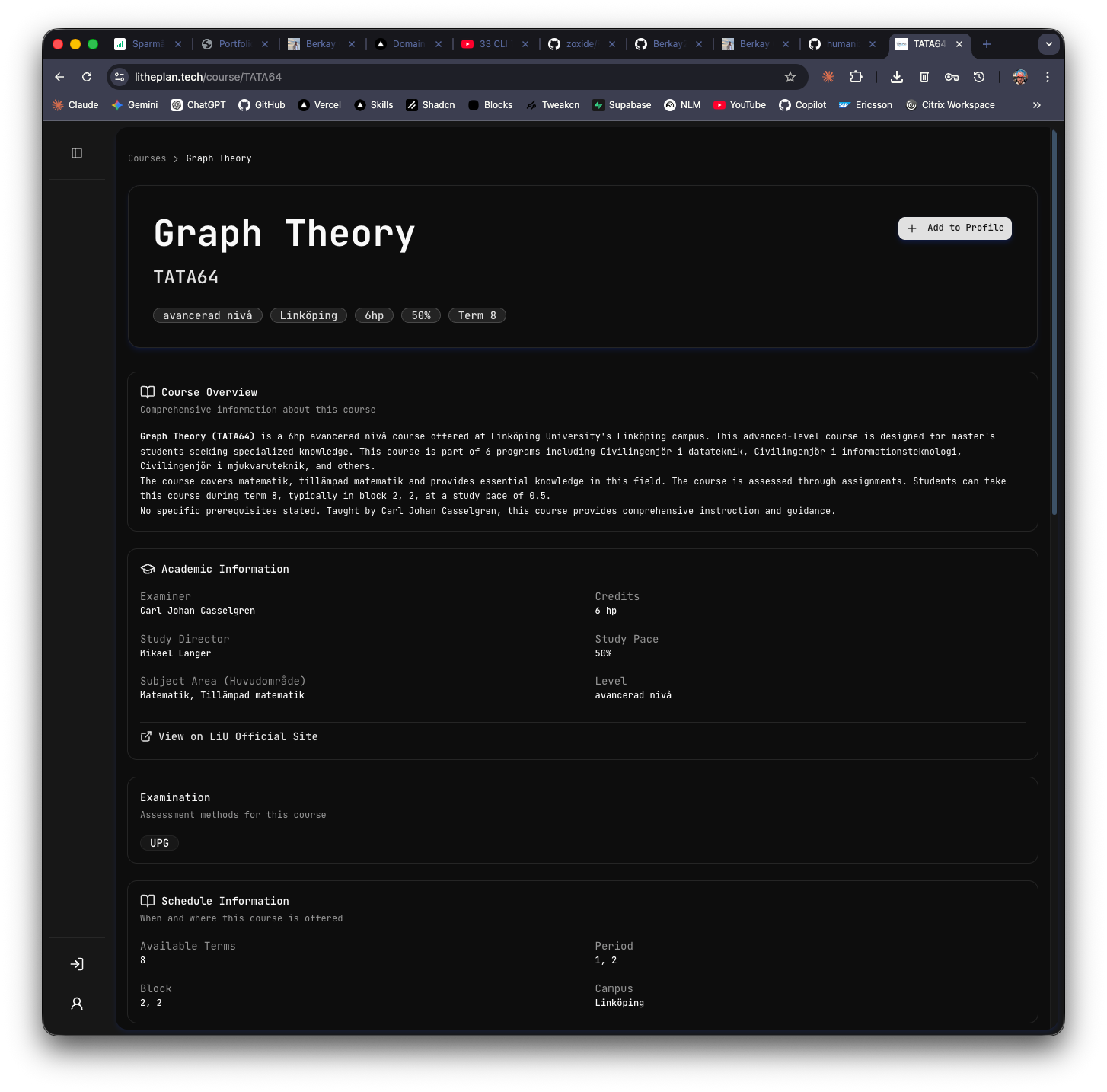 Course detail page showing Graph Theory metadata