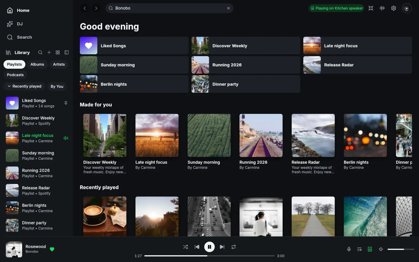 Spotifast Home with the Library sidebar, its DJ entry and the player bar