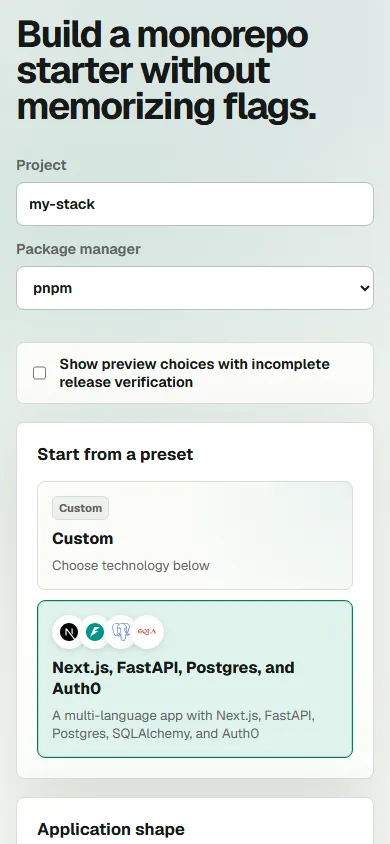 Stackkit customizer on a phone-width screen