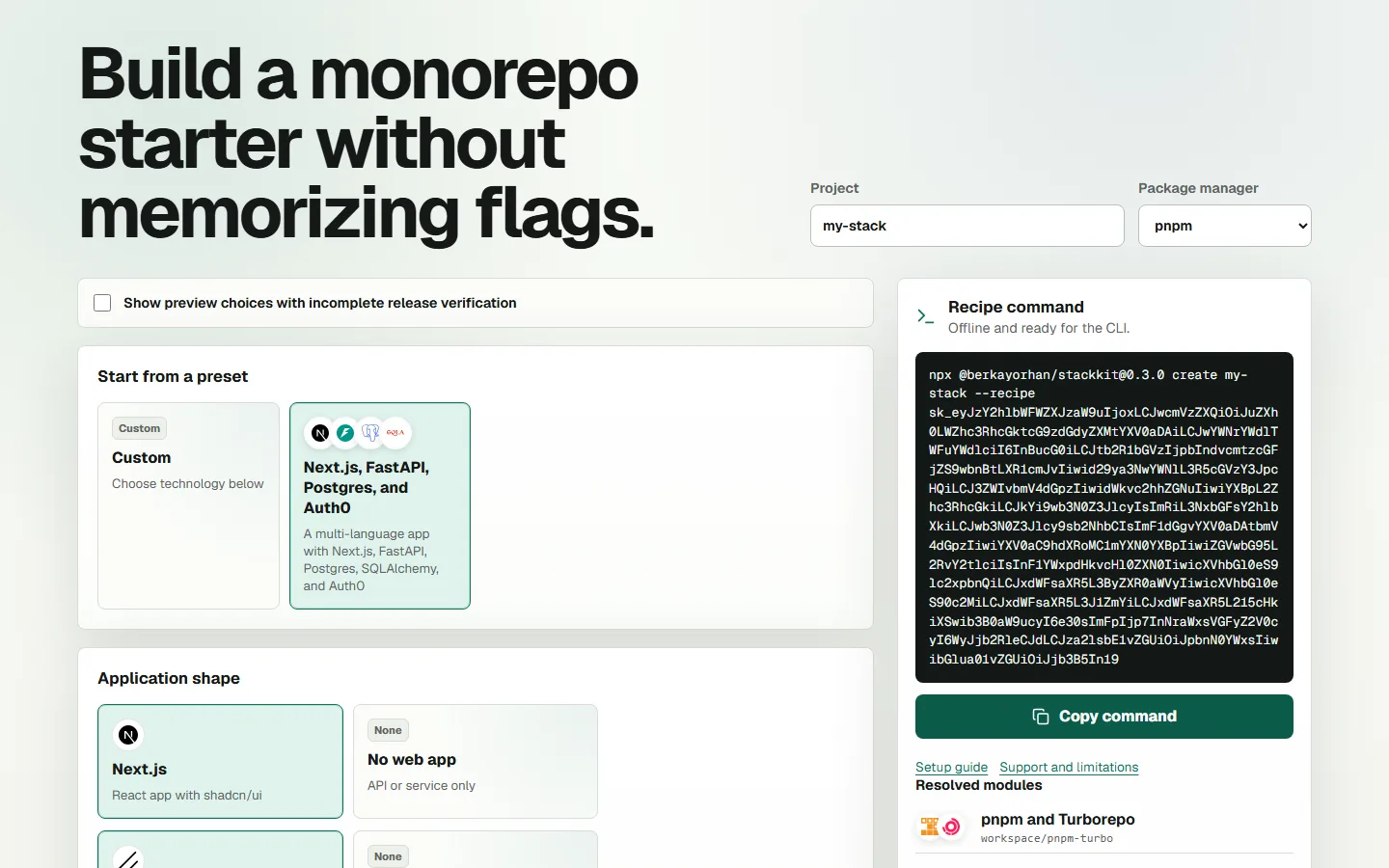 The Stackkit customizer: choose a preset or stack, and copy the offline recipe command