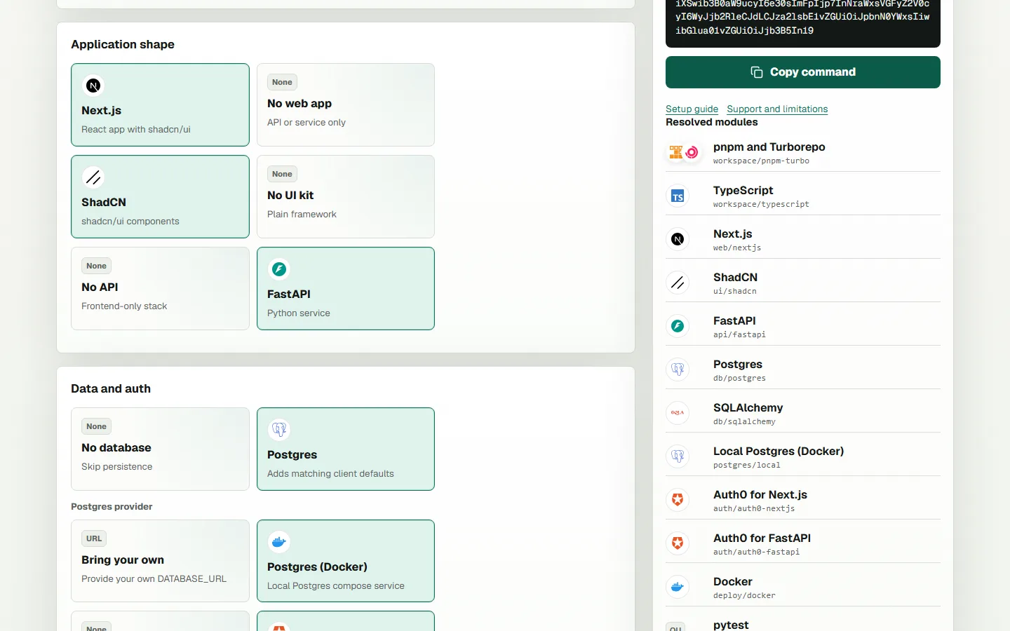 Stackkit customizer showing application shape and data choices next to the resolved canonical modules