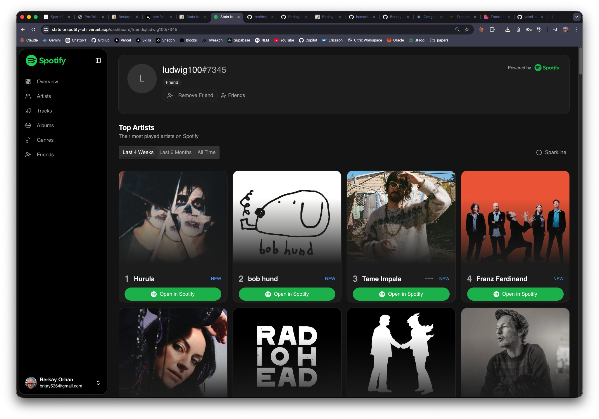 Stats for Spotify friend profile page