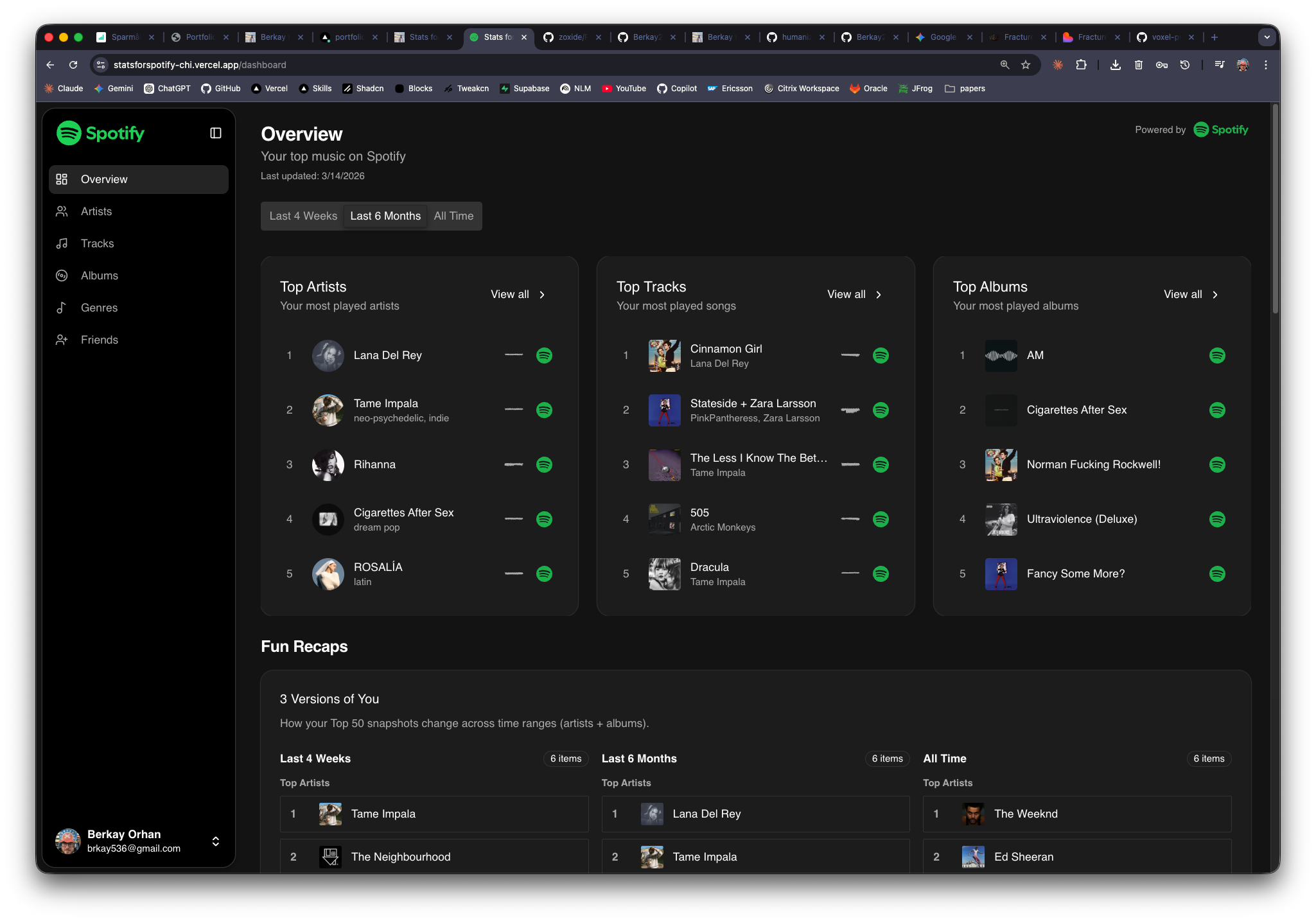 Stats for Spotify dashboard showing top artists, tracks, albums, and fun recaps