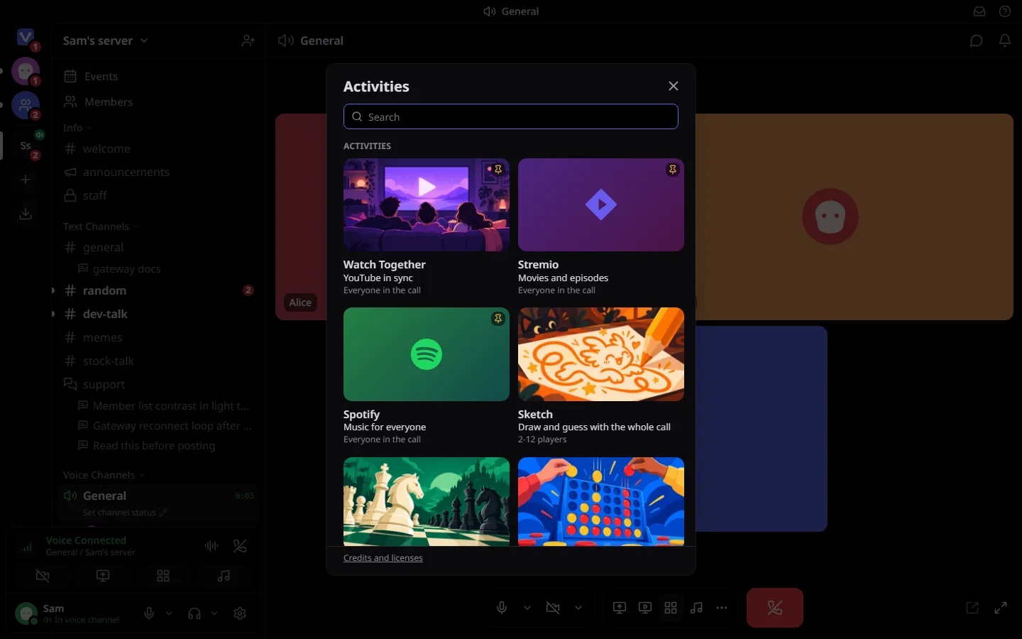 Vokko Activities picker in a voice call listing Watch Together, Stremio, Spotify and Sketch