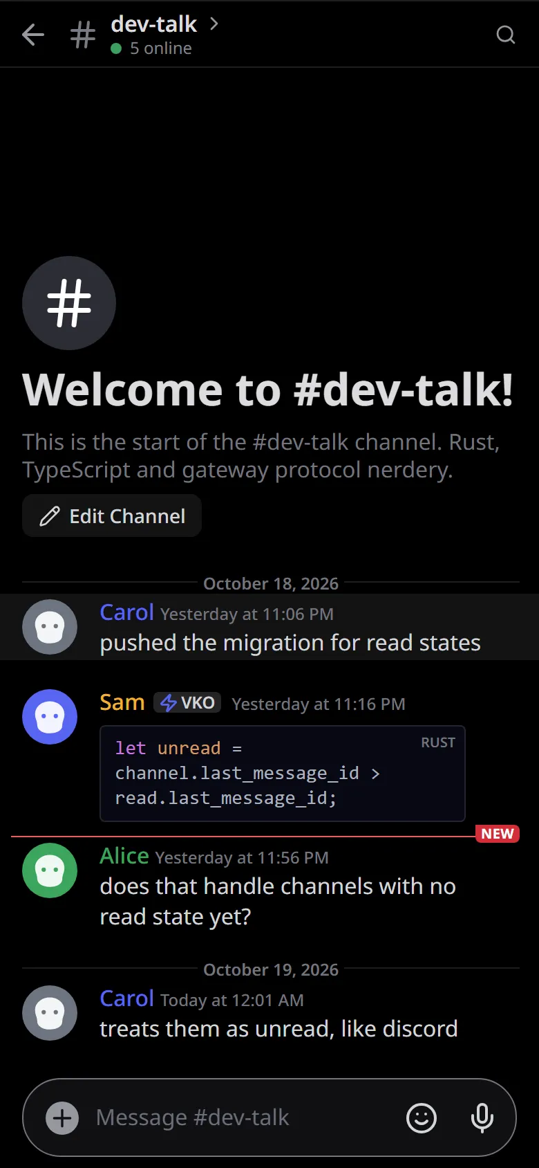 Vokko on a phone: a dev-talk channel with a code block