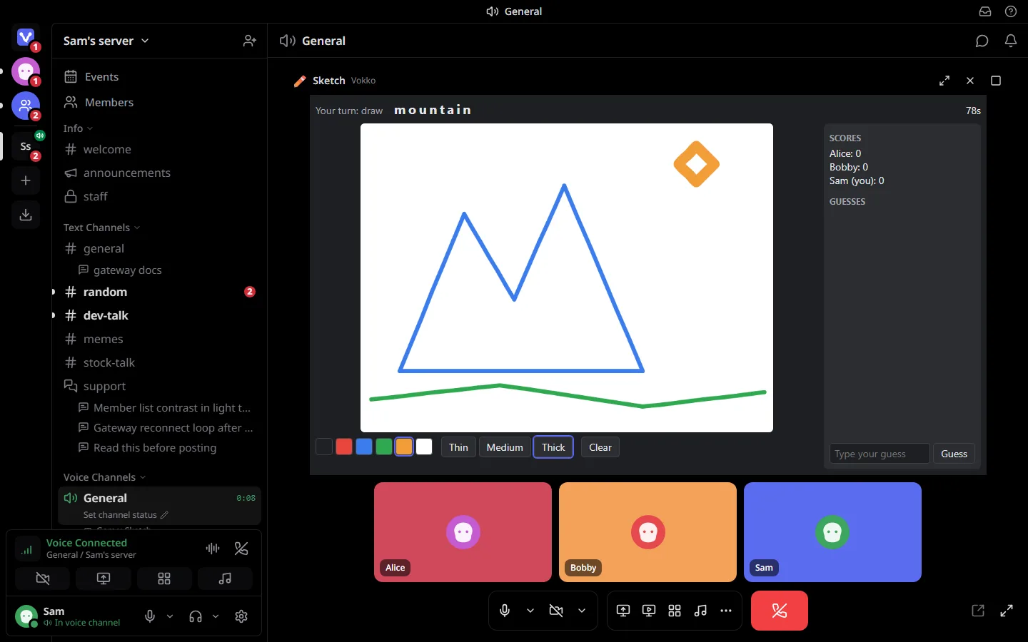 Sketch, a draw-and-guess game, running on the Vokko call grid with a drawing of a mountain